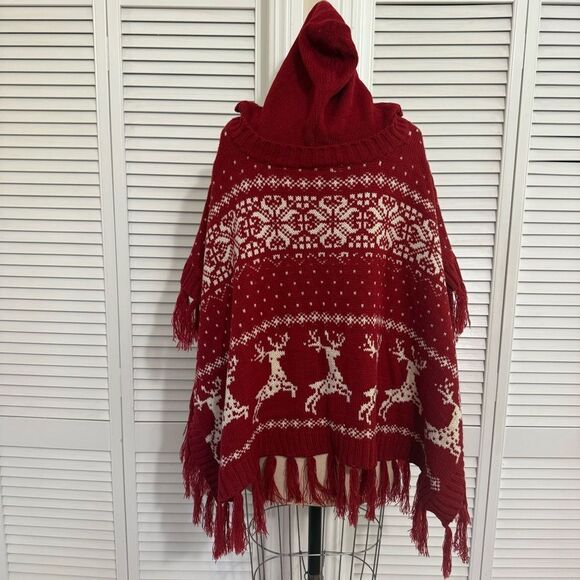 Coco + Carmen Red/Wht Reindeer Hooded Knit Cape-Poncho Sz-S/M - Picture 5 of 8